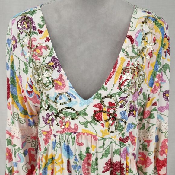 Miss June Dress Womens Medium Ivory Floral Sequins Short Babydoll Swim Cover Up - Picture 7 of 15